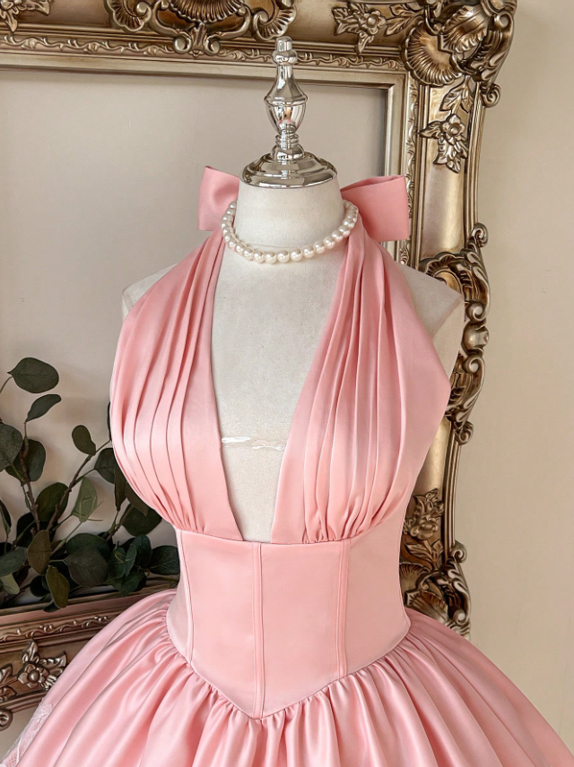 Sweet Pink Satin Halter Deep V Corset Lace Hem A Line Short Homecoming Dress With Bow AS2786