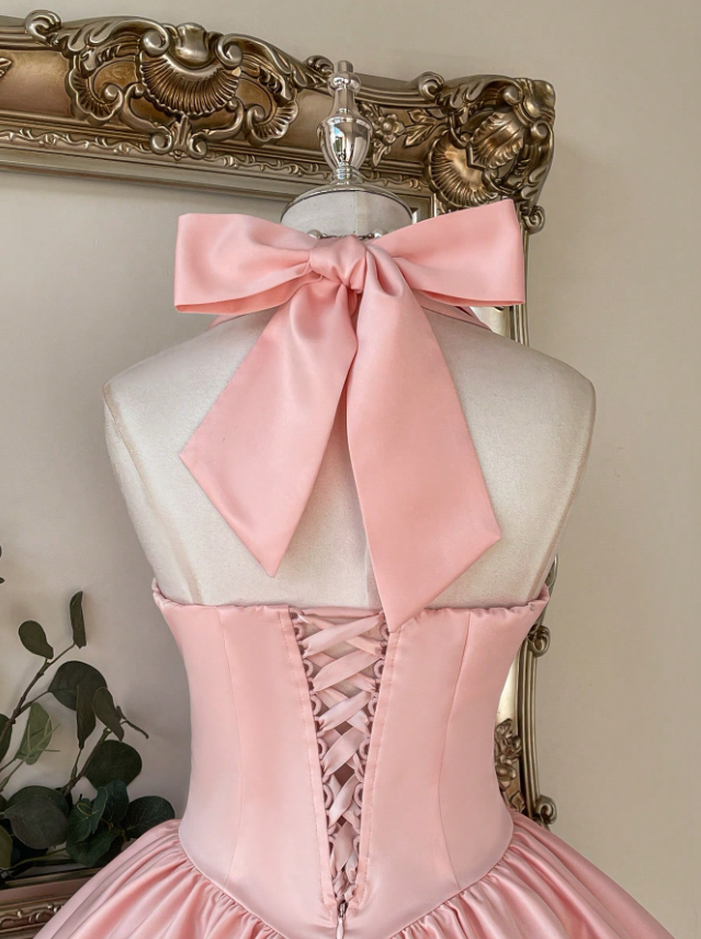 Sweet Pink Satin Halter Deep V Corset Lace Hem A Line Short Homecoming Dress With Bow AS2786