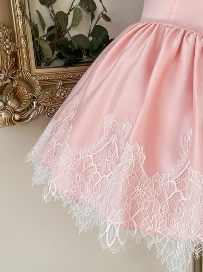 Sweet Pink Satin Halter Deep V Corset Lace Hem A Line Short Homecoming Dress With Bow AS2786