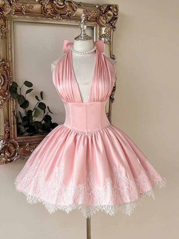 Sweet Pink Satin Halter Deep V Corset Lace Hem A Line Short Homecoming Dress With Bow AS2786