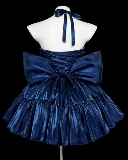 Regal Navy Blue Satin Strapless Corset Pearl Detail Big Bow A Line Short Birthday Dress Homecoming Dress AS2787