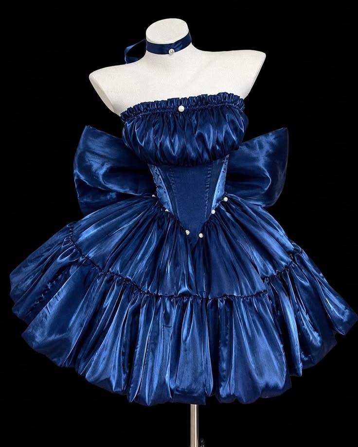 Regal Navy Blue Satin Strapless Corset Pearl Detail Big Bow A Line Short Birthday Dress Homecoming Dress AS2787
