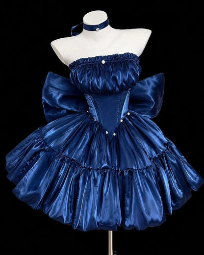 Regal Navy Blue Satin Strapless Corset Pearl Detail Big Bow A Line Short Birthday Dress Homecoming Dress AS2787
