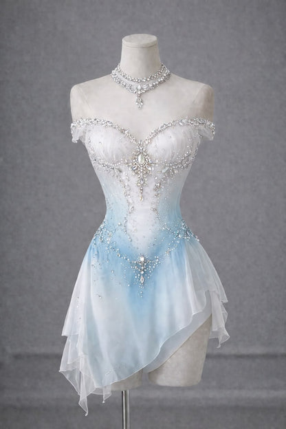 Ethereal Ice Blue White Ombre Off Shoulder Beaded A Line Short Homecoming Dress AS2788