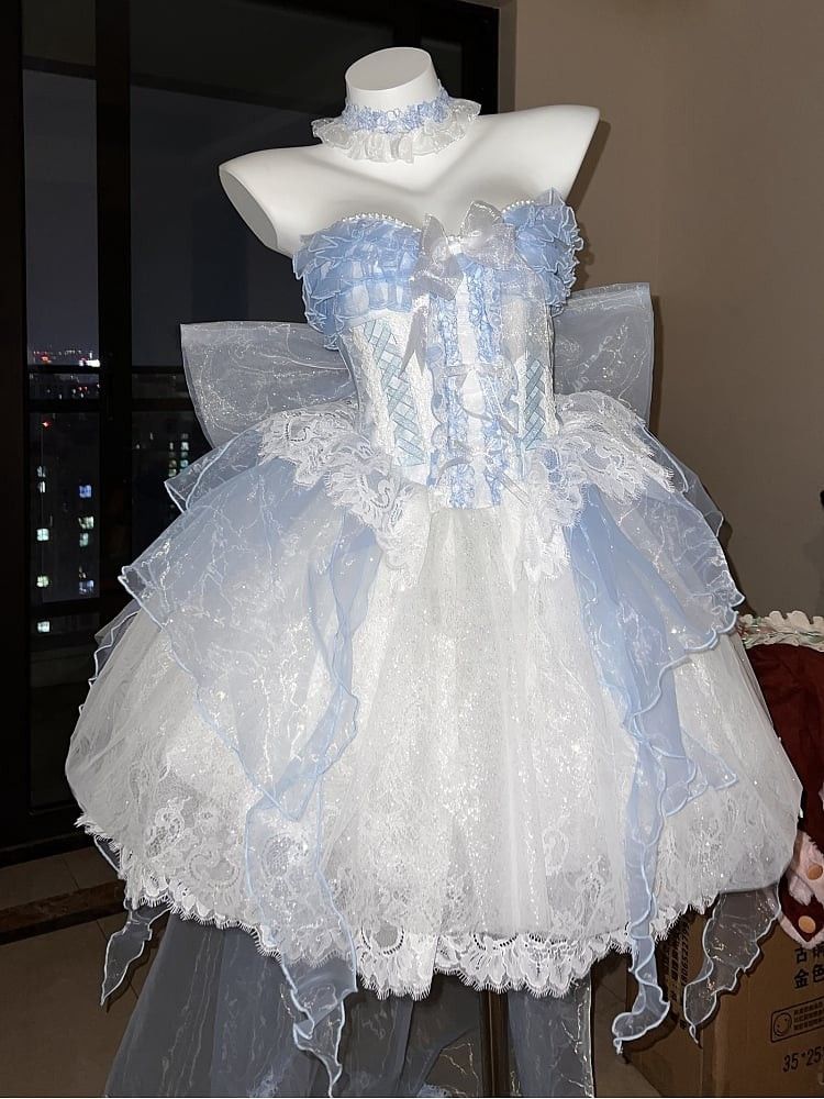 Sweet Pastel Blue White Strapless Ruffle Corset Large Bow Lace Tulle A Line Short Birthday Dress Homecoming Dress AS2790
