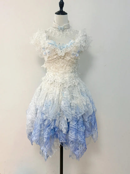 Ethereal White Blue Ombre Cap Sleeve Square Neck Lace Butterfly A Line Short Birthday Dress Homecoming Dress AS2791