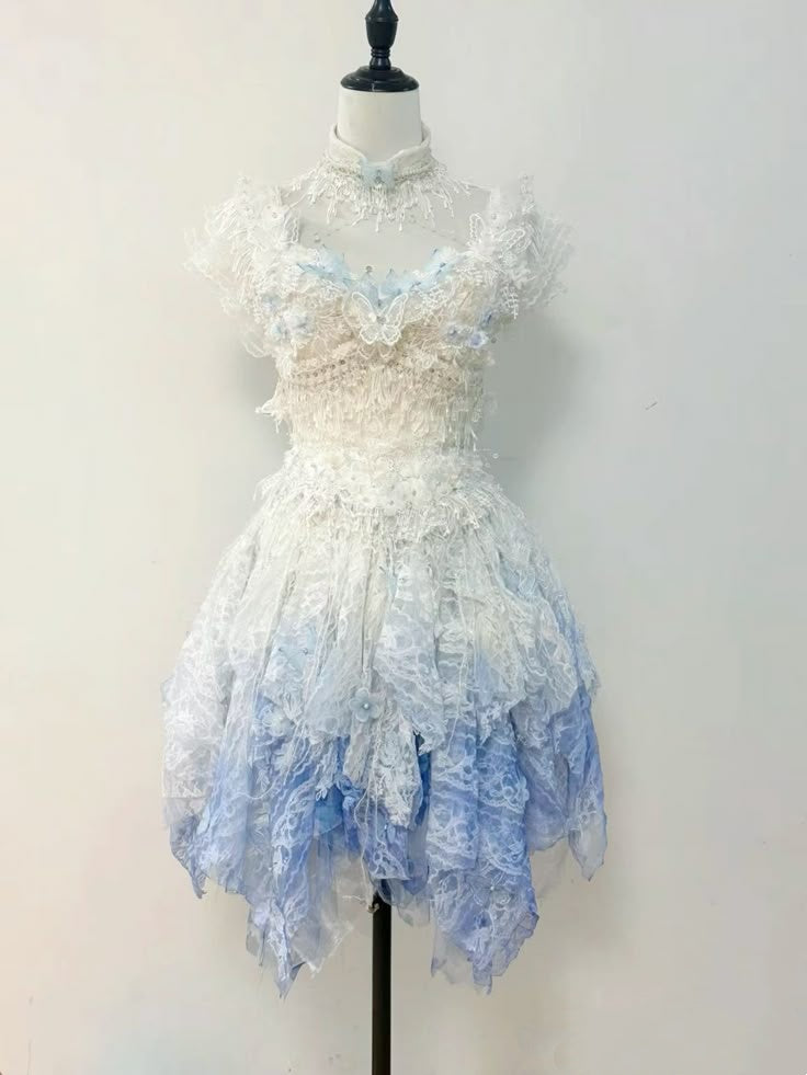 Ethereal White Blue Ombre Cap Sleeve Square Neck Lace Butterfly A Line Short Birthday Dress Homecoming Dress AS2791