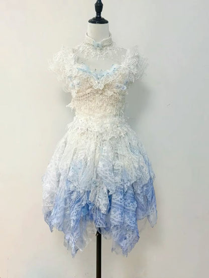 Ethereal White Blue Ombre Cap Sleeve Square Neck Lace Butterfly A Line Short Birthday Dress Homecoming Dress AS2791