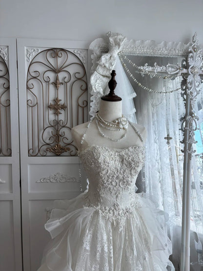 Elegant Ivory Sweetheart Lace Pearl Beaded Tulle A Line Short Wedding Homecoming Dress With Train AS2795
