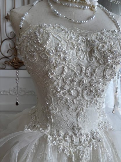 Elegant Ivory Sweetheart Lace Pearl Beaded Tulle A Line Short Wedding Homecoming Dress With Train AS2795