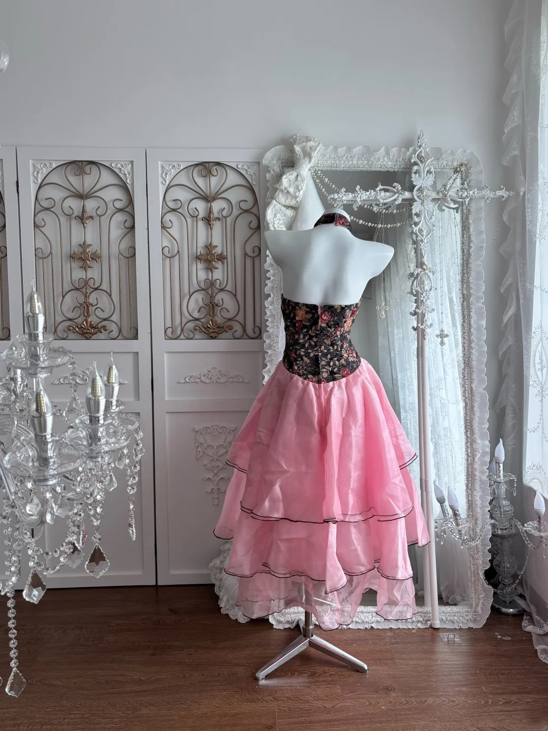 Vintage Black Floral Halter Keyhole Pink Ruffle Layered A Line Midi Homecoming Dress AS2797