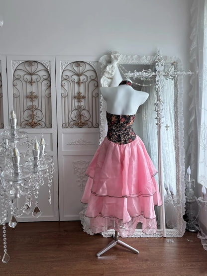 Vintage Black Floral Halter Keyhole Pink Ruffle Layered A Line Midi Homecoming Dress AS2797