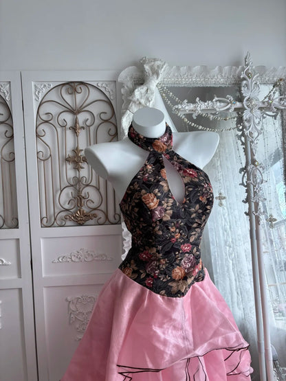 Vintage Black Floral Halter Keyhole Pink Ruffle Layered A Line Midi Homecoming Dress AS2797