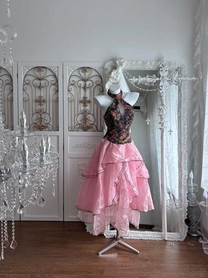 Vintage Black Floral Halter Keyhole Pink Ruffle Layered A Line Midi Homecoming Dress AS2797
