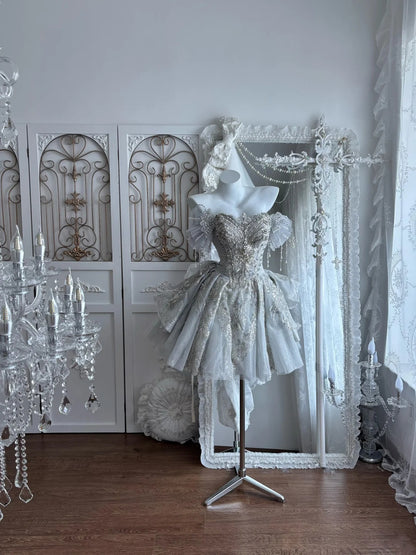 Dreamy Silver Off The Shoulder Heavy Rhinestone Beaded A Line Short Homecoming Dress Wedding Dress AS2801
