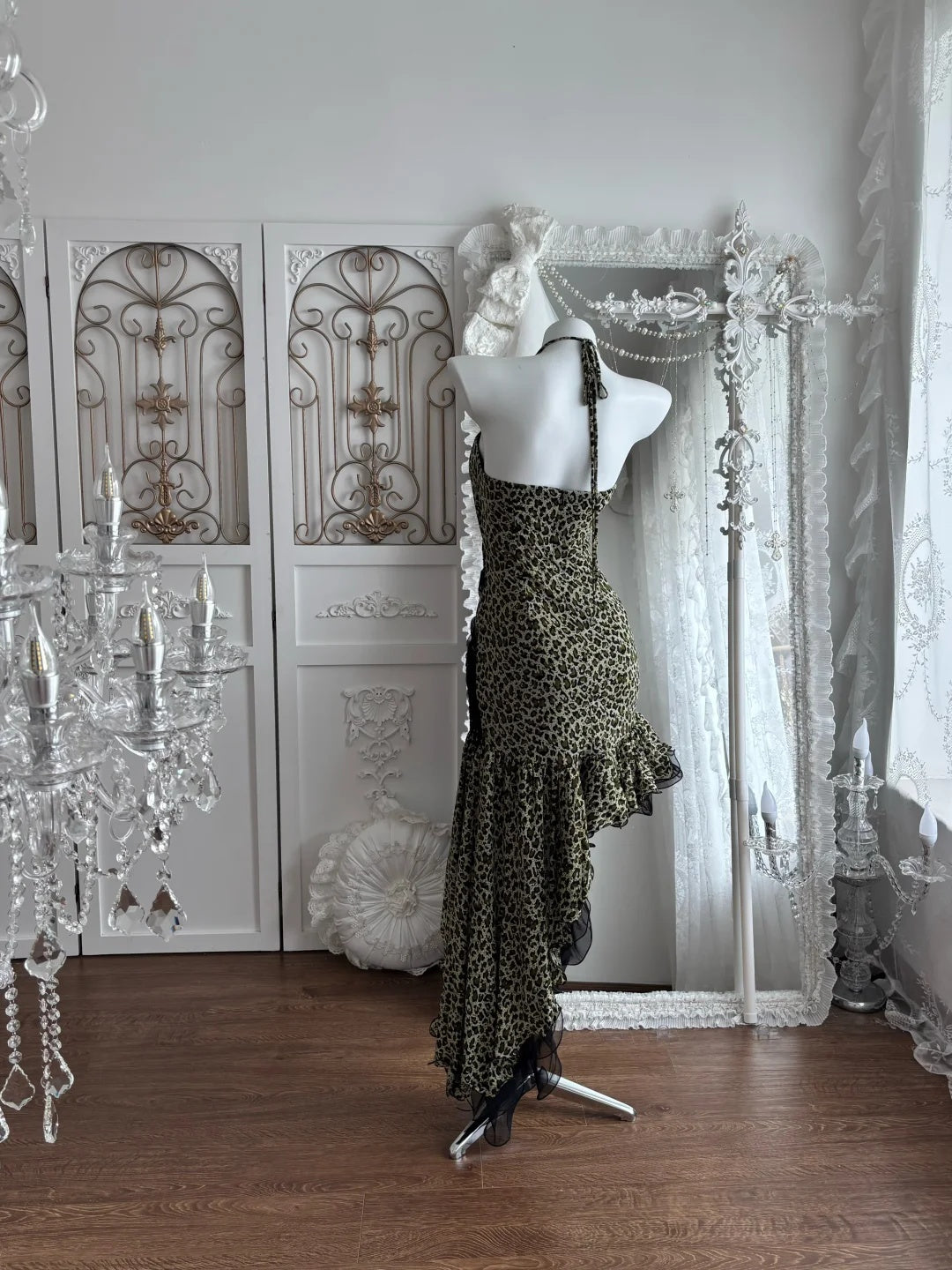 Edgy Leopard Print Halter Sweetheart Black Lace High Low Ruffle Bodycon Homecoming Dress AS2802