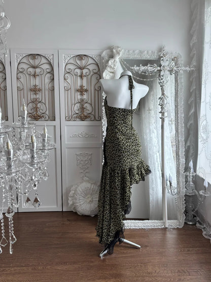 Edgy Leopard Print Halter Sweetheart Black Lace High Low Ruffle Bodycon Homecoming Dress AS2802