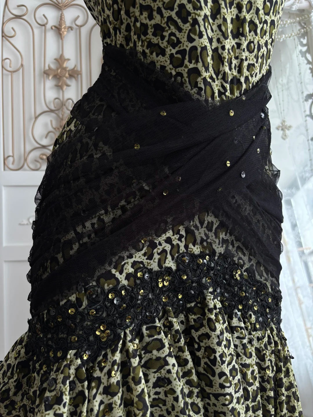 Edgy Leopard Print Halter Sweetheart Black Lace High Low Ruffle Bodycon Homecoming Dress AS2802