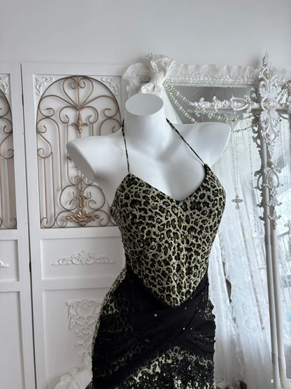 Edgy Leopard Print Halter Sweetheart Black Lace High Low Ruffle Bodycon Homecoming Dress AS2802