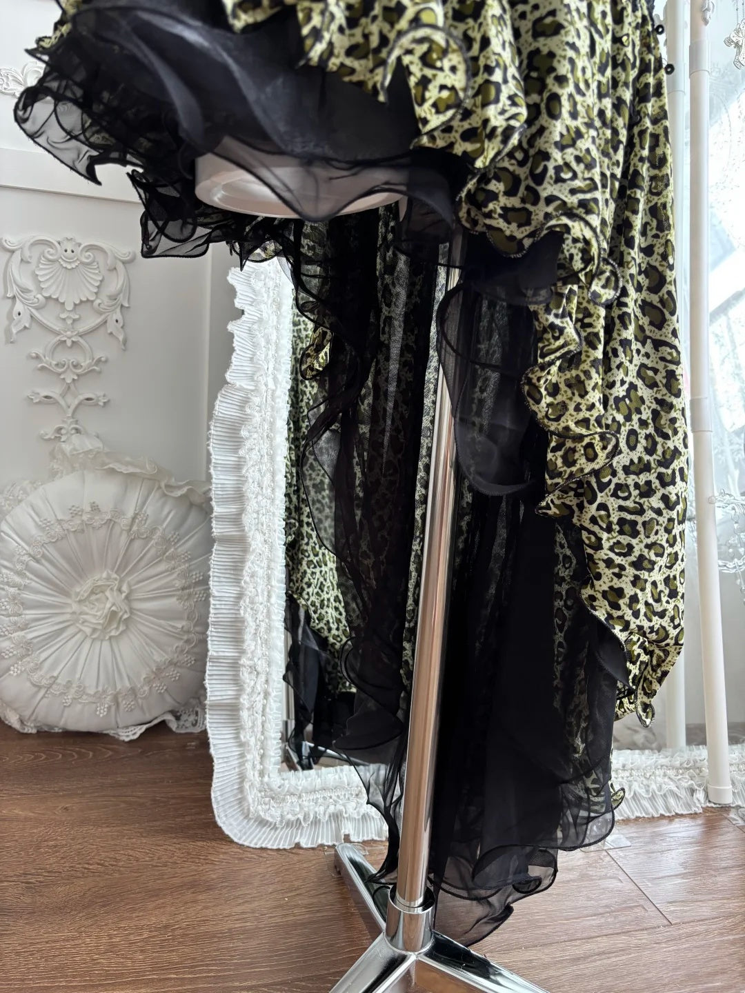 Edgy Leopard Print Halter Sweetheart Black Lace High Low Ruffle Bodycon Homecoming Dress AS2802