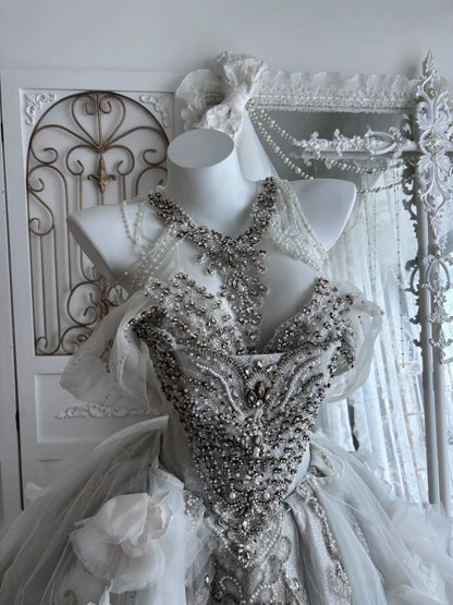 Enchanting Silver Halter Heavy Rhinestone Beaded 3D Floral A Line Short Homecoming Dress With Train Wedding Dress AS2803