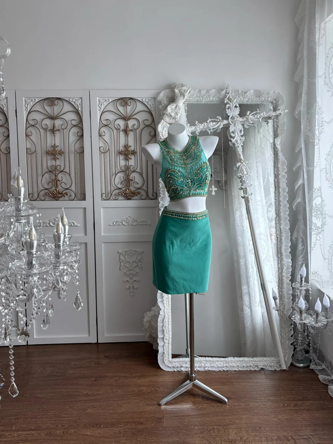 Vibrant Teal Two Piece Round Neck Heavy Rhinestone Beading Satin Bodycon Short Homecoming Dress AS2804