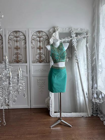 Vibrant Teal Two Piece Round Neck Heavy Rhinestone Beading Satin Bodycon Short Homecoming Dress AS2804