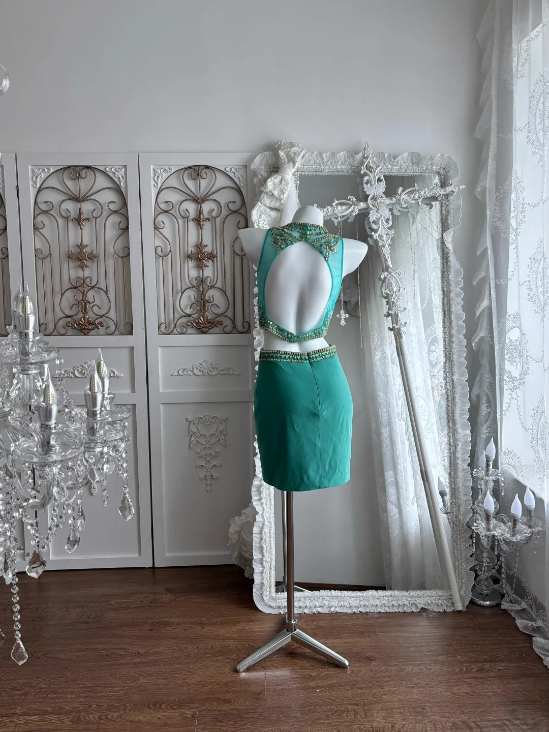 Vibrant Teal Two Piece Round Neck Heavy Rhinestone Beading Satin Bodycon Short Homecoming Dress AS2804