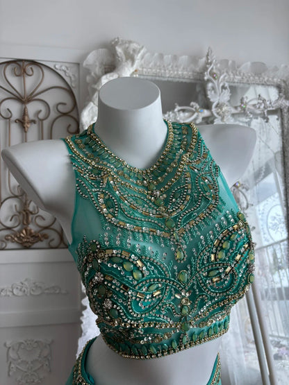 Vibrant Teal Two Piece Round Neck Heavy Rhinestone Beading Satin Bodycon Short Homecoming Dress AS2804