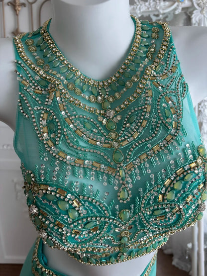Vibrant Teal Two Piece Round Neck Heavy Rhinestone Beading Satin Bodycon Short Homecoming Dress AS2804