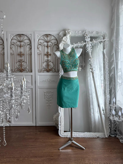 Vibrant Teal Two Piece Round Neck Heavy Rhinestone Beading Satin Bodycon Short Homecoming Dress AS2804