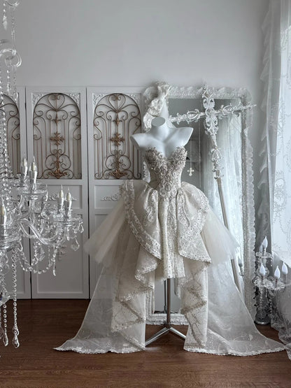 Exquisite Ivory Strapless Sweetheart Heavy Rhinestone Beaded Lace High Low A Line Tulle Short Homecoming Dress Wedding Dress AS2805