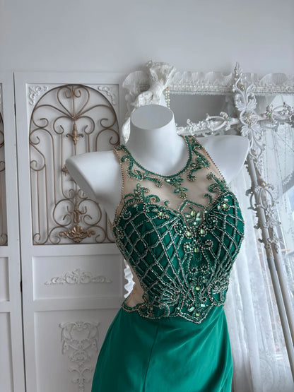 Bold Emerald High Round Mesh Neck Beading Satin Bodycon Short Homecoming Dress AS2806