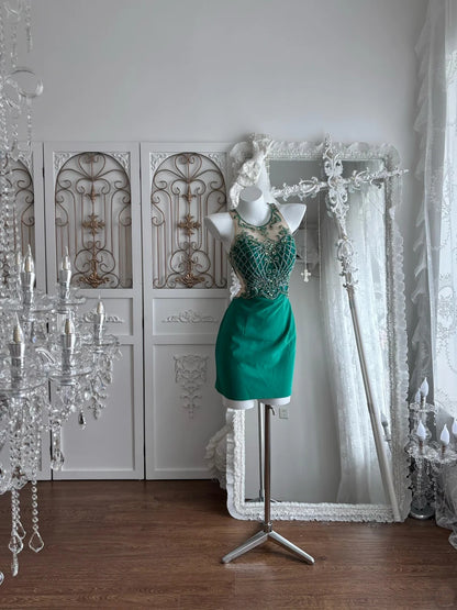 Bold Emerald High Round Mesh Neck Beading Satin Bodycon Short Homecoming Dress AS2806
