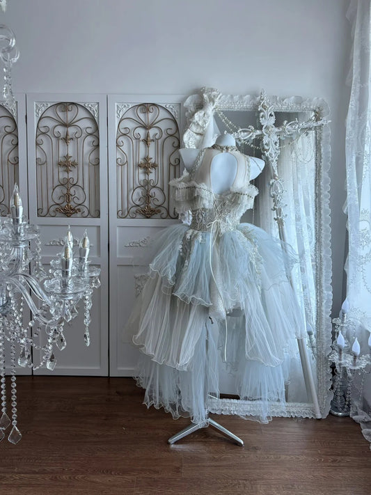 Airy Light Blue Halter Off Shoulder Heavy Beaded Ruffle Tulle High Low A line Homecoming Dress Birthday Dress AS2807