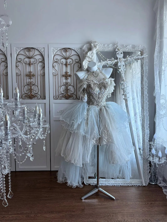 Airy Light Blue Halter Off Shoulder Heavy Beaded Ruffle Tulle High Low A line Homecoming Dress Birthday Dress AS2807