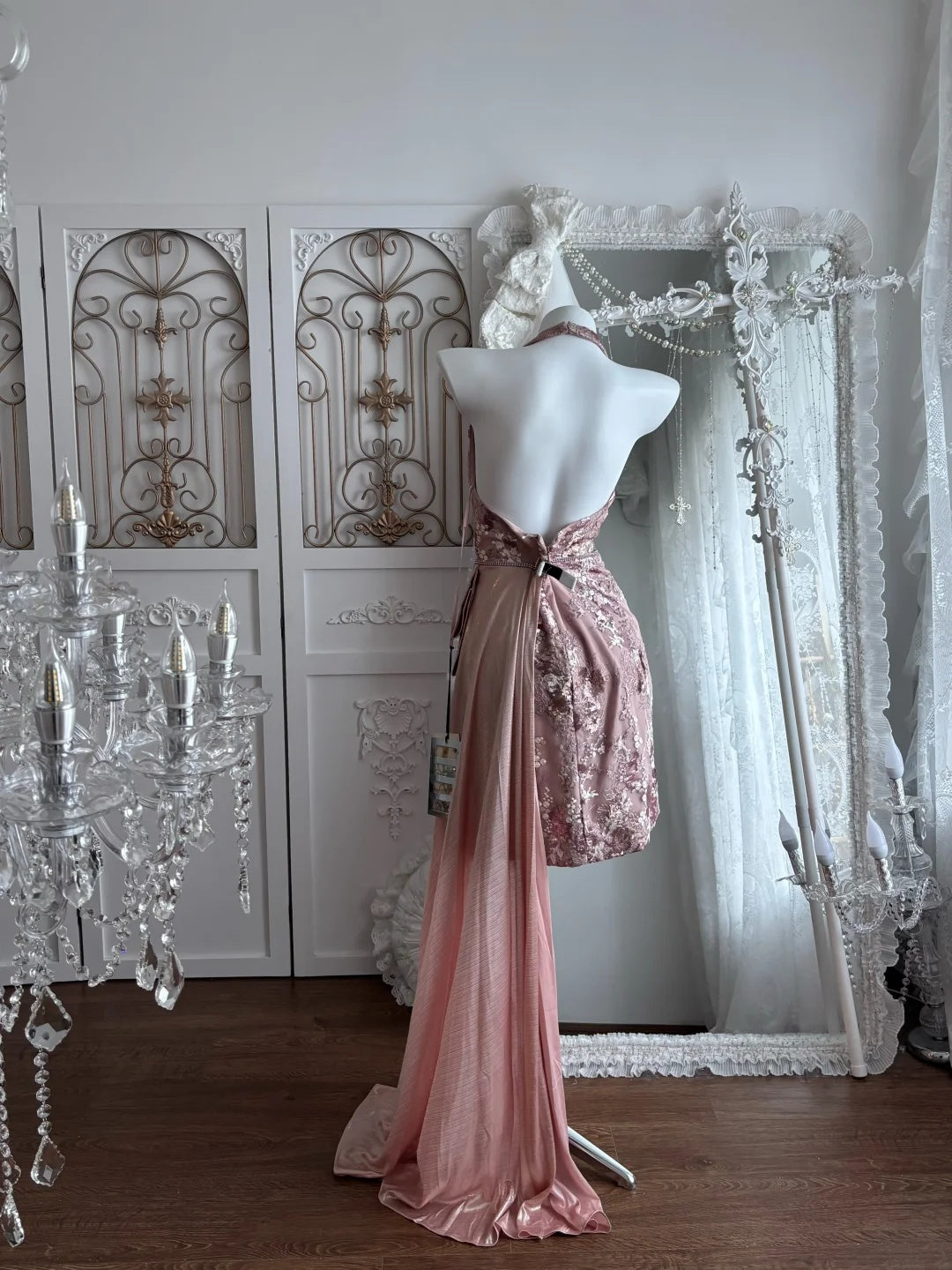 Chic Dusty Rose Halter Deep V Floral Sequin Bodycon Short Homecoming Dress With Side Satin Train AS2809