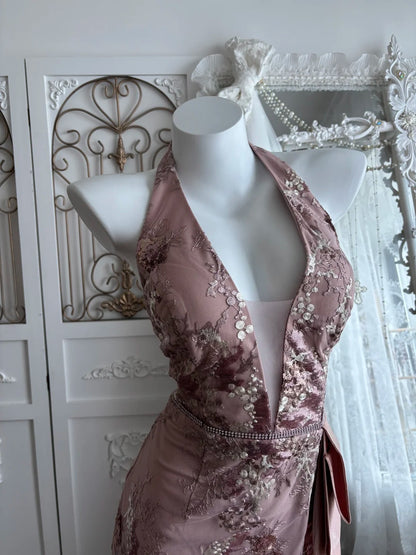 Chic Dusty Rose Halter Deep V Floral Sequin Bodycon Short Homecoming Dress With Side Satin Train AS2809