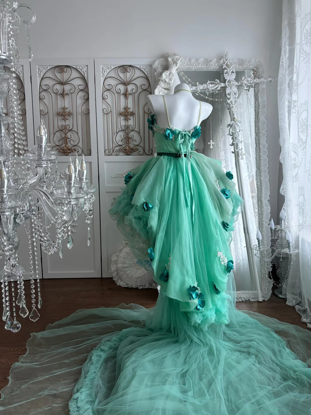 Vibrant Green Spaghetti Straps 3D Floral Tiered Ruffle Tulle A Line Short Homecoming Dress With Train Birthday Dress AS2811