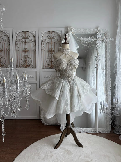 Luxurious Ivory Halter Heavy Rhinestone Beaded Lace A Line Short Wedding Dress Homecoming Dress AS2812
