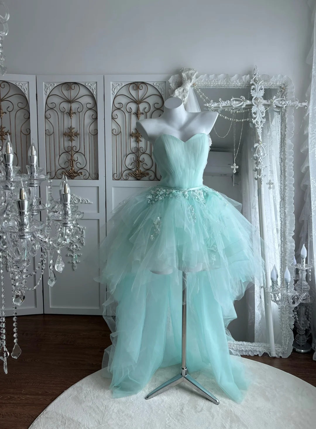 Fresh Mint Green Sweetheart Neck Lace Appliques A Line High Low Tulle Homecoming Dress With Detachable Choker AS2814