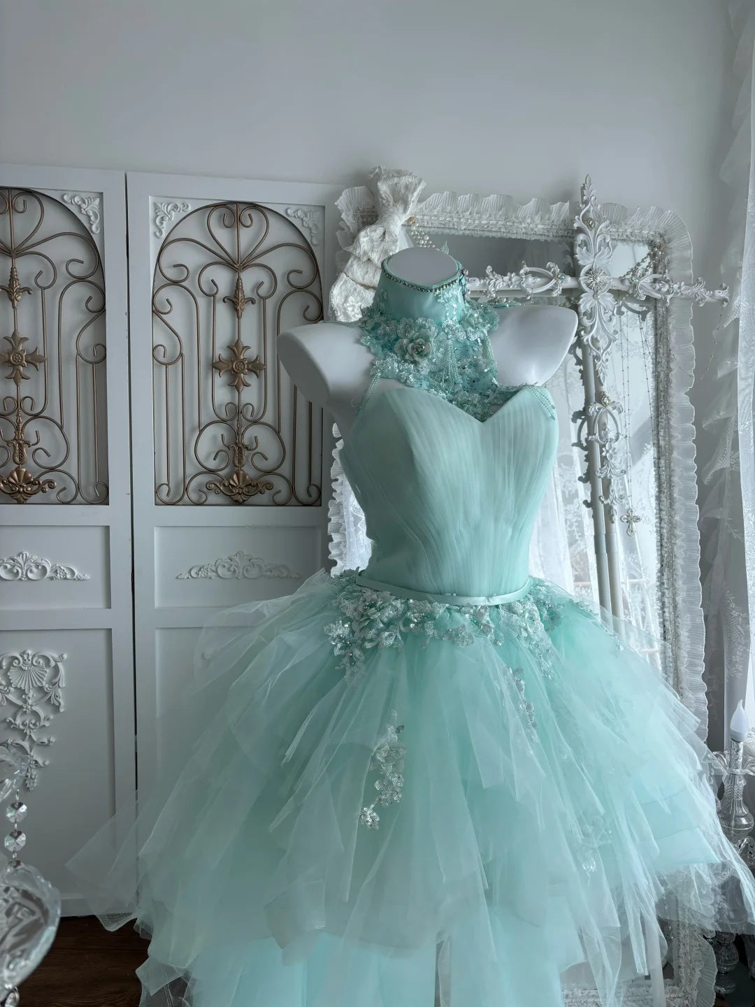Fresh Mint Green Sweetheart Neck Lace Appliques A Line High Low Tulle Homecoming Dress With Detachable Choker AS2814