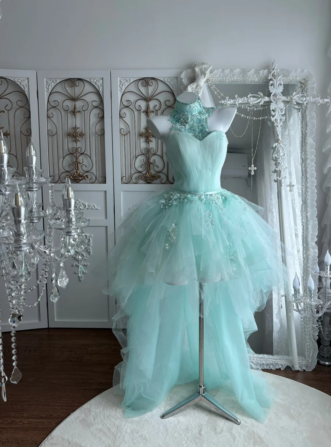 Fresh Mint Green Sweetheart Neck Lace Appliques A Line High Low Tulle Homecoming Dress With Detachable Choker AS2814