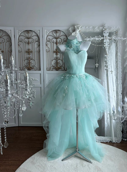 Fresh Mint Green Sweetheart Neck Lace Appliques A Line High Low Tulle Homecoming Dress With Detachable Choker AS2814