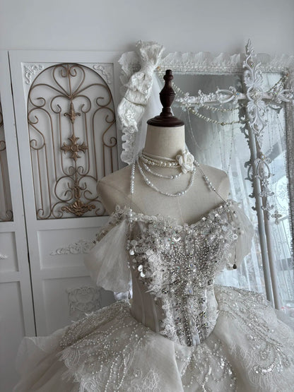 Sparkling Ivory Off Shoulder Beaded Lace A Line Short Homecoming Dress Wedding Dress AS2815
