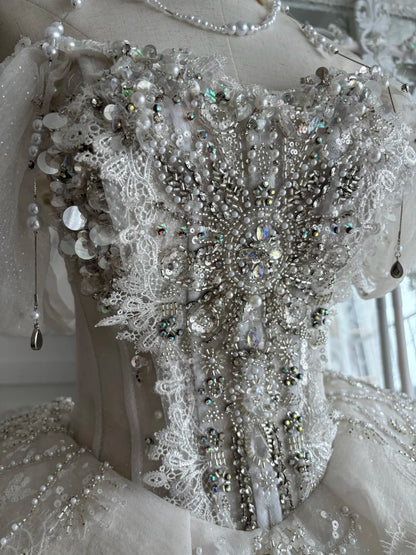 Sparkling Ivory Off Shoulder Beaded Lace A Line Short Homecoming Dress Wedding Dress AS2815