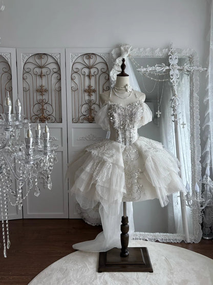 Sparkling Ivory Off Shoulder Beaded Lace A Line Short Homecoming Dress Wedding Dress AS2815