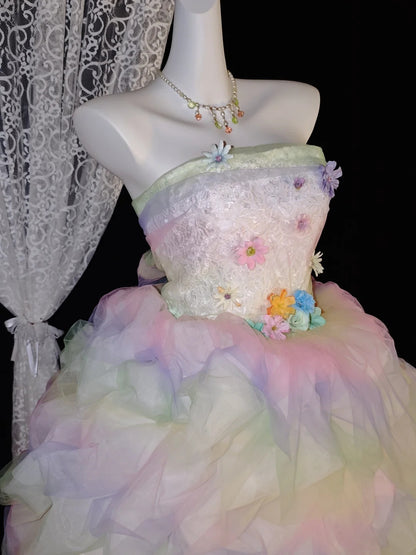 Whimsical Rainbow Strapless 3D Colorful Floral Ruffle A Line Short Homecoming Dress Birthday Dress AS2816