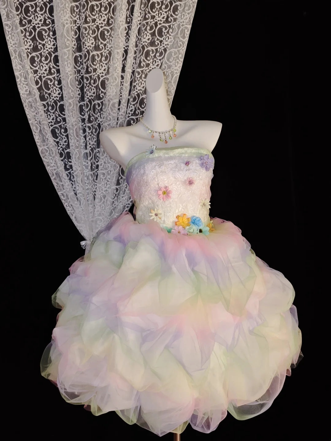Whimsical Rainbow Strapless 3D Colorful Floral Ruffle A Line Short Homecoming Dress Birthday Dress AS2816