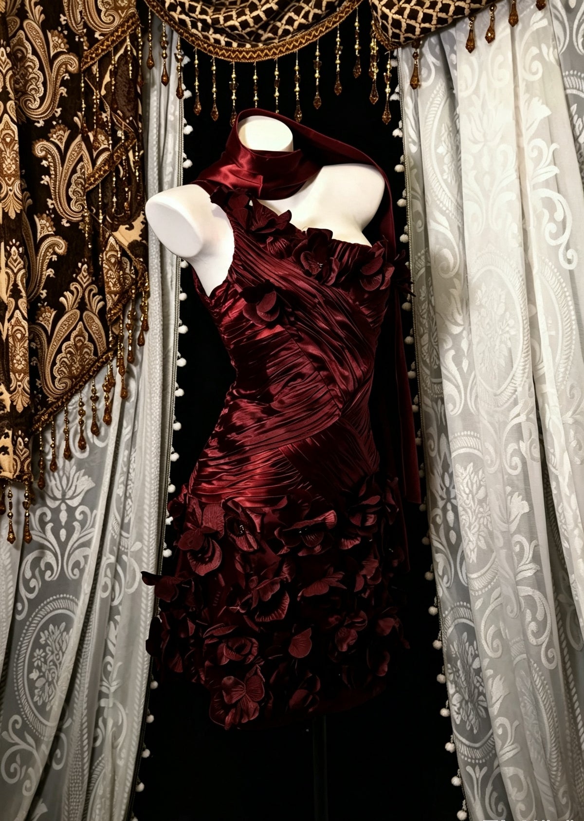 Luxurious Burgundy One Shoulder Satin Ruched 3D Floral Bodycon Short Homecoming Dress With Matching Neck Sash AS2817
